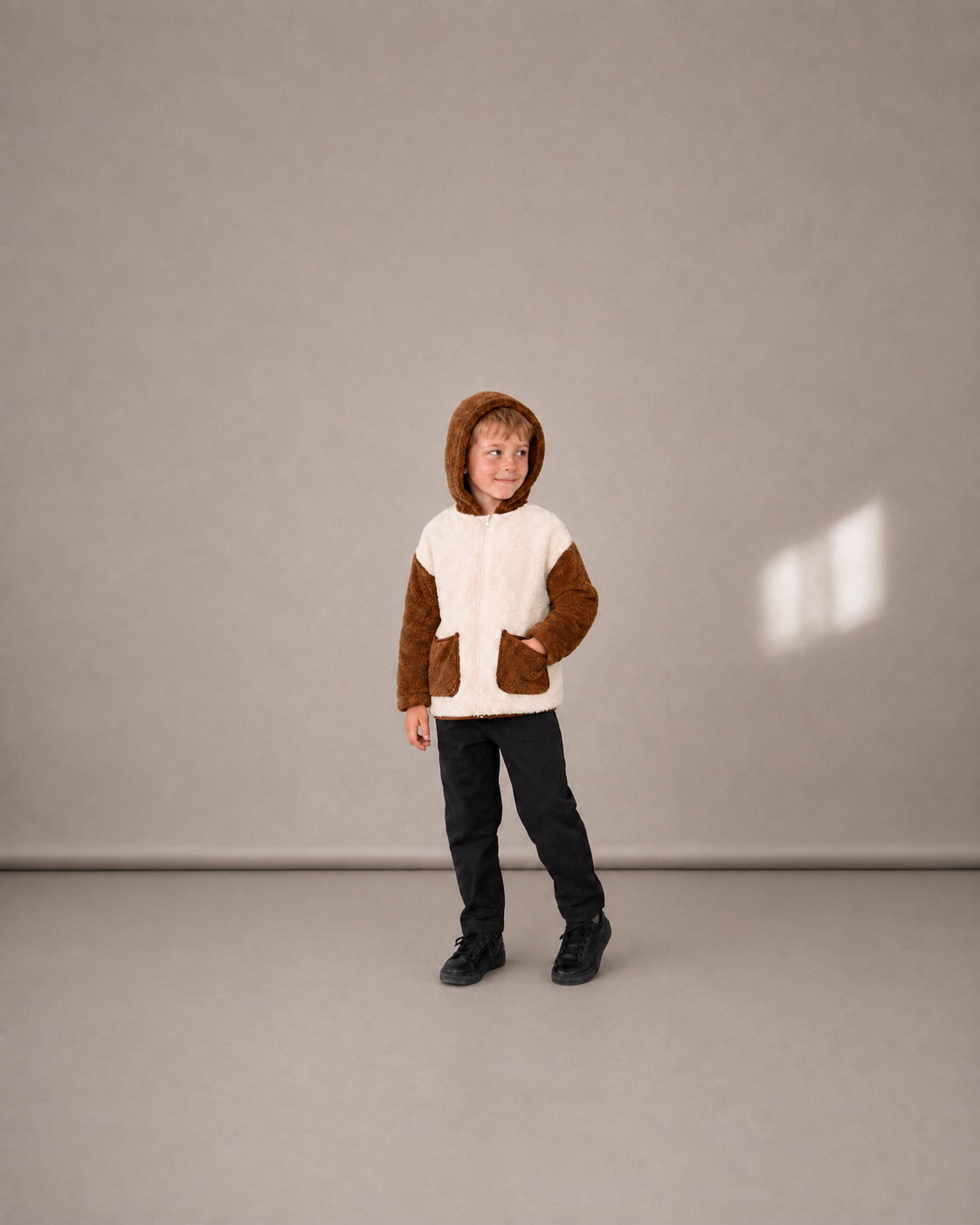 Ivory & Brown Cozy Patch Welsoft Hooded Jacket