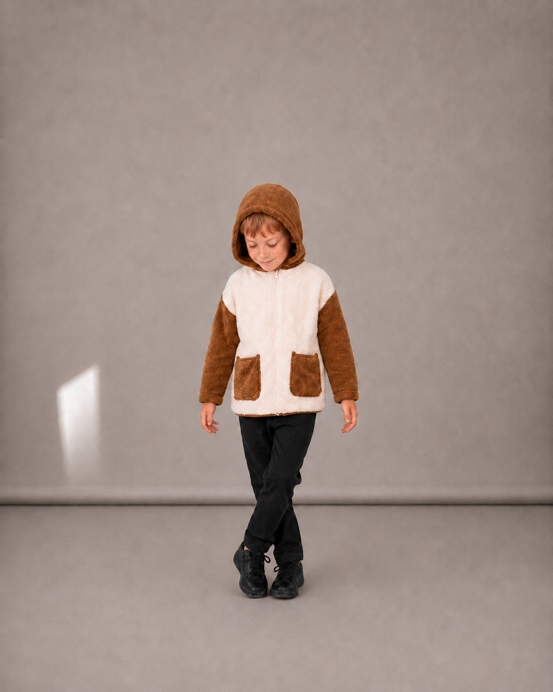 Ivory & Brown Cozy Patch Welsoft Hooded Jacket