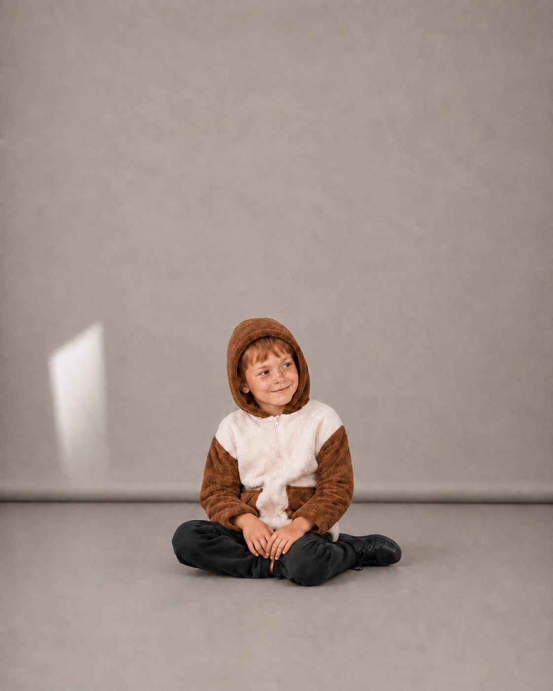 Ivory & Brown Cozy Patch Welsoft Hooded Jacket