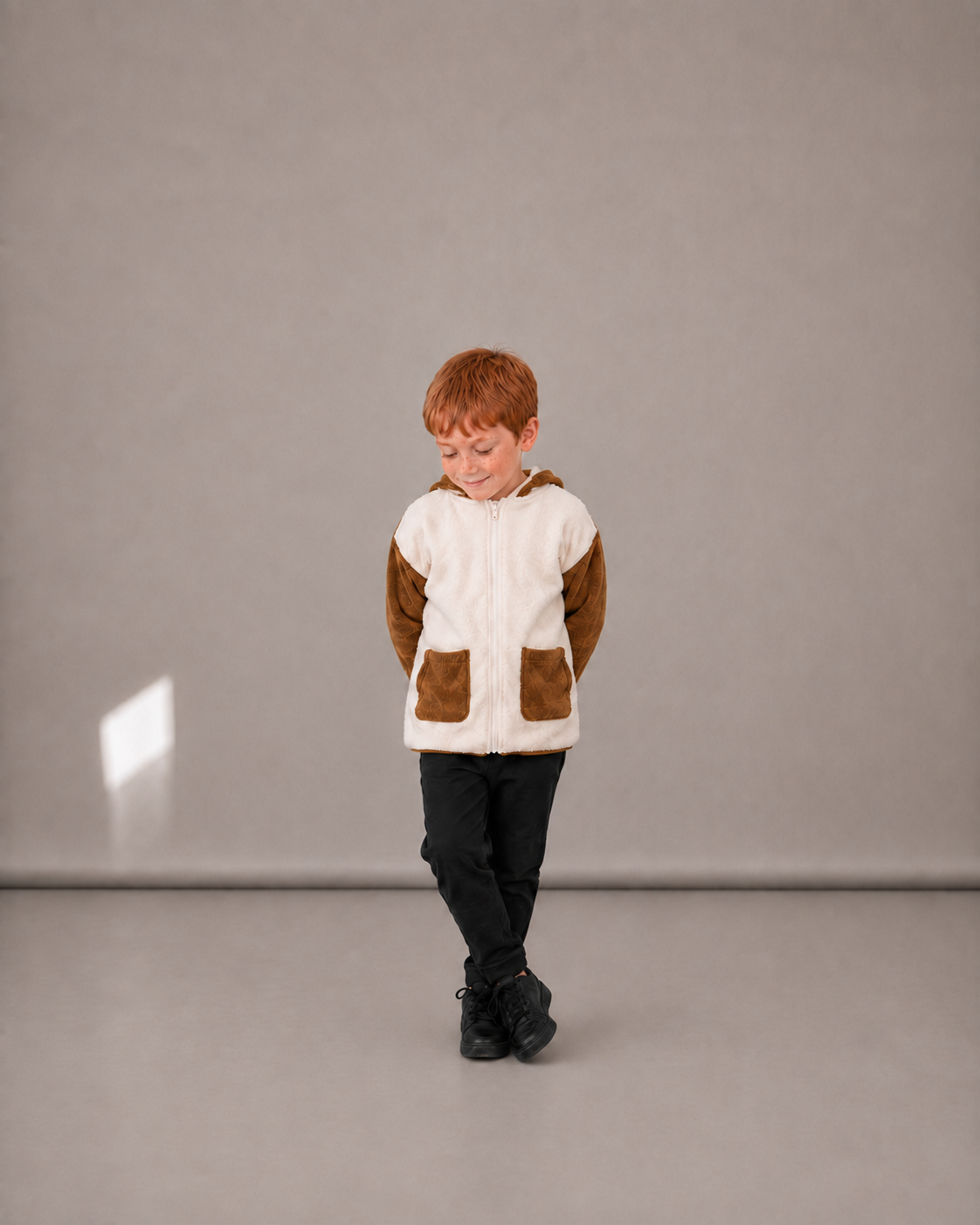 Ivory & Brown Cozy Patch Welsoft Hooded Jacket