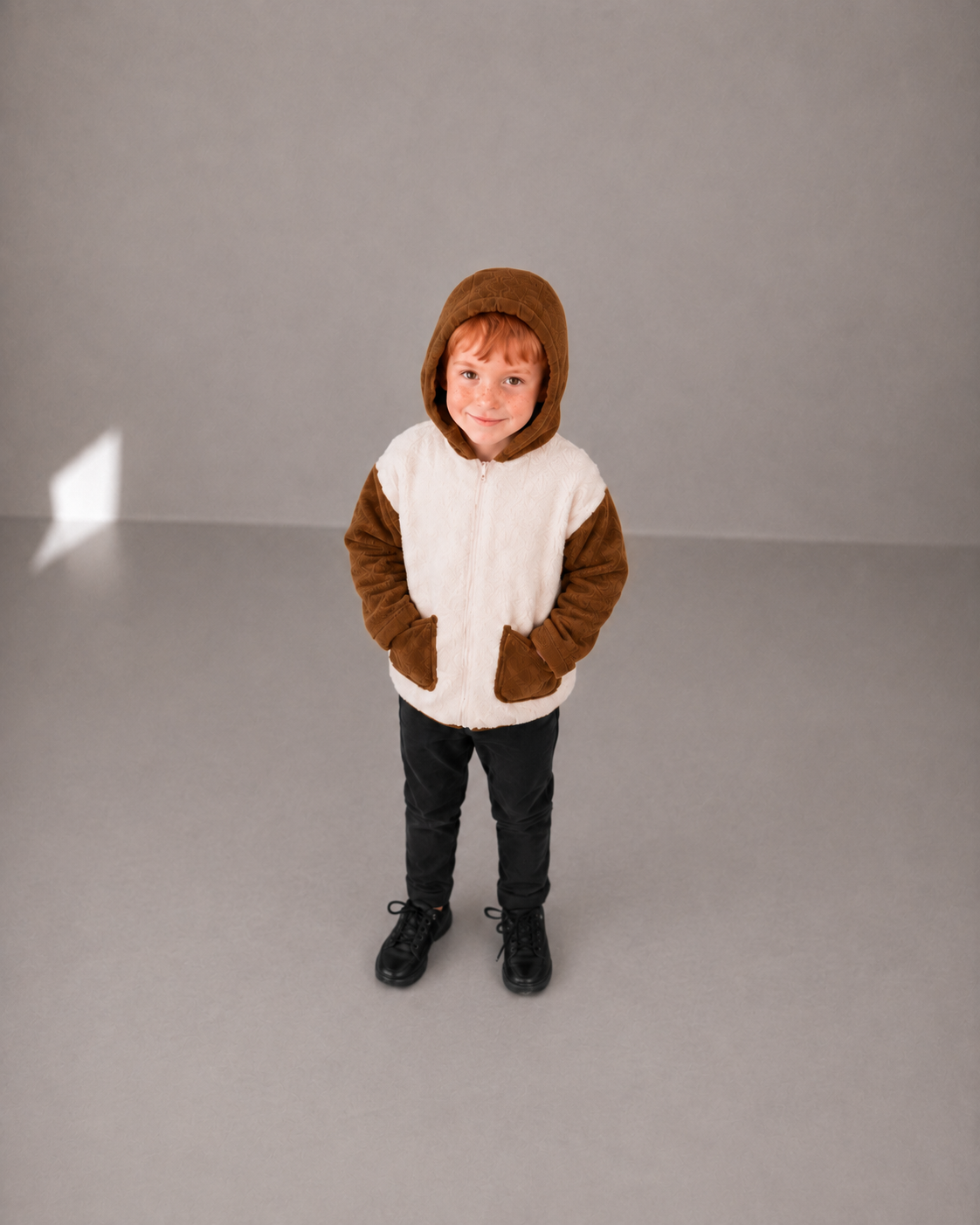 Ivory & Brown Cozy Patch Welsoft Hooded Jacket