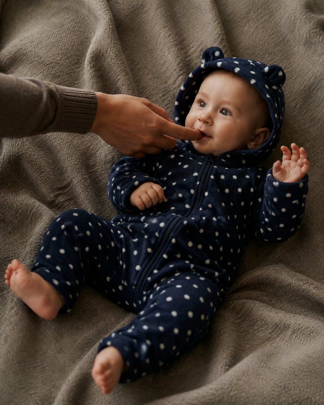 Midnight Navy Little Dot Cotton Hooded Romper