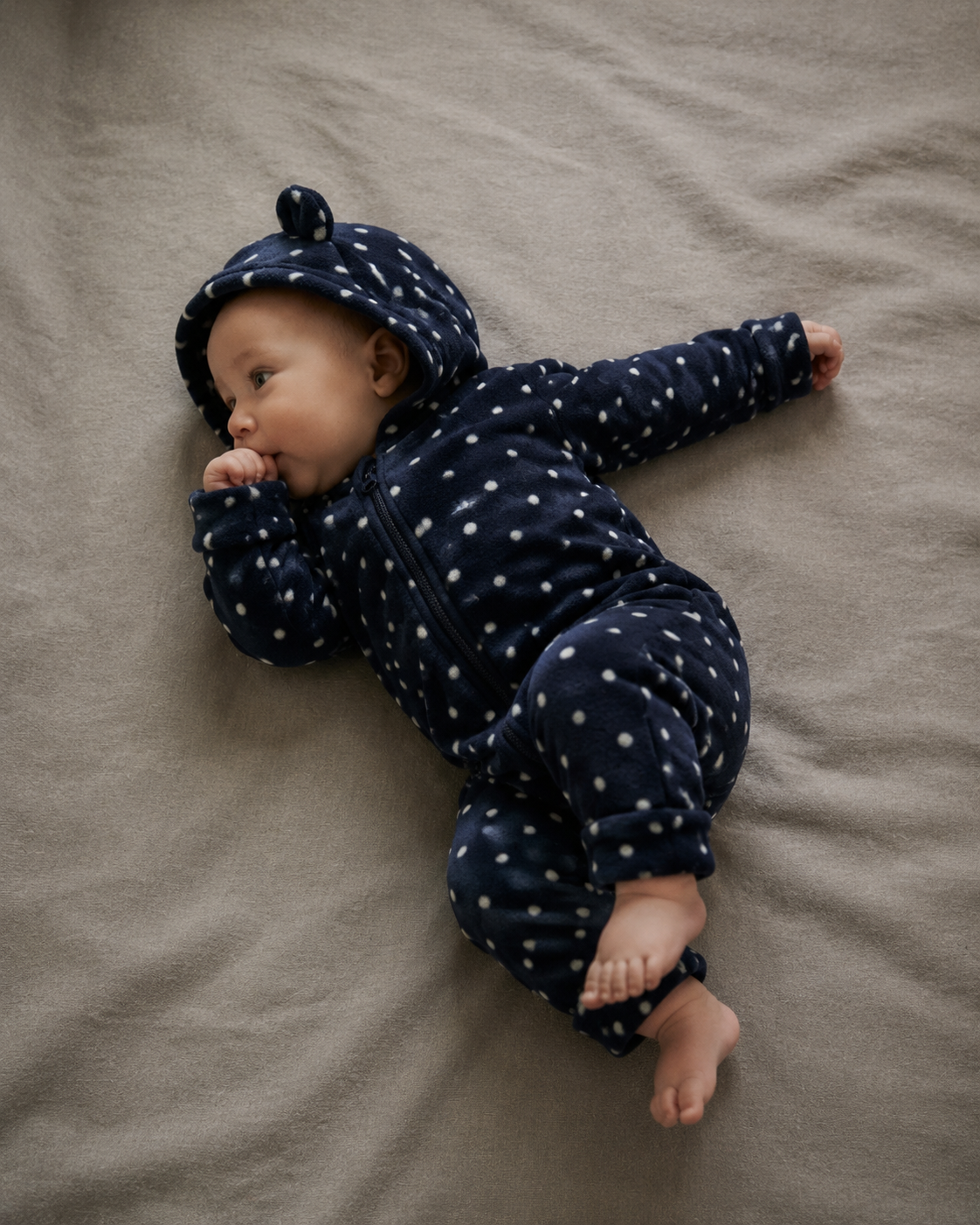 Midnight Navy Little Dot Cotton Hooded Romper
