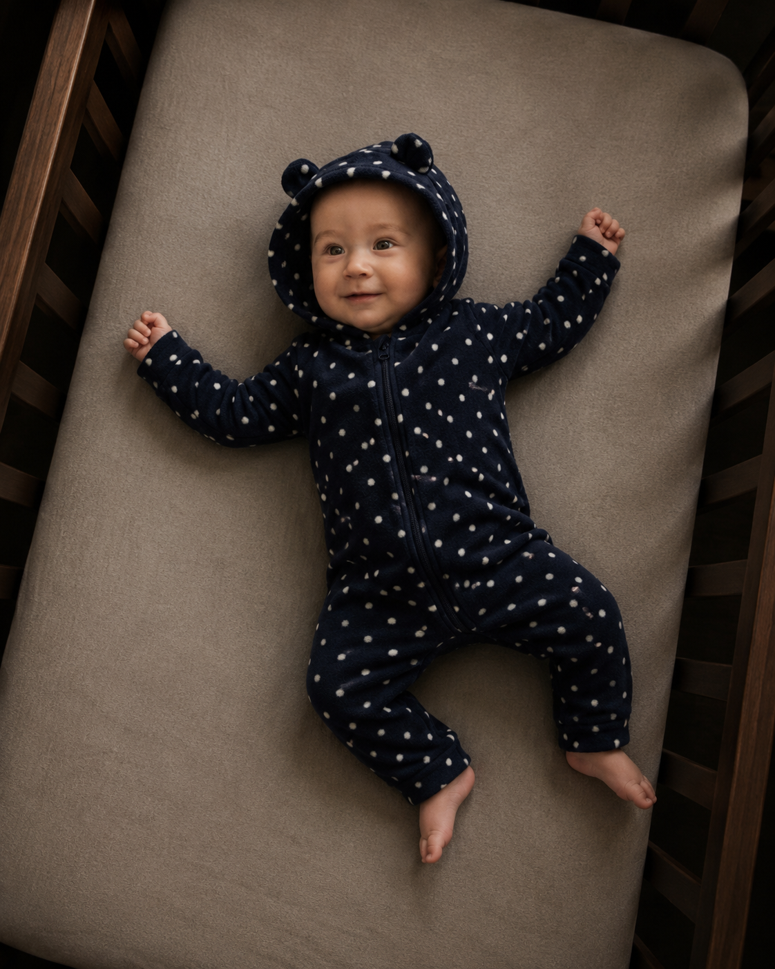 Midnight Navy Little Dot Cotton Hooded Romper
