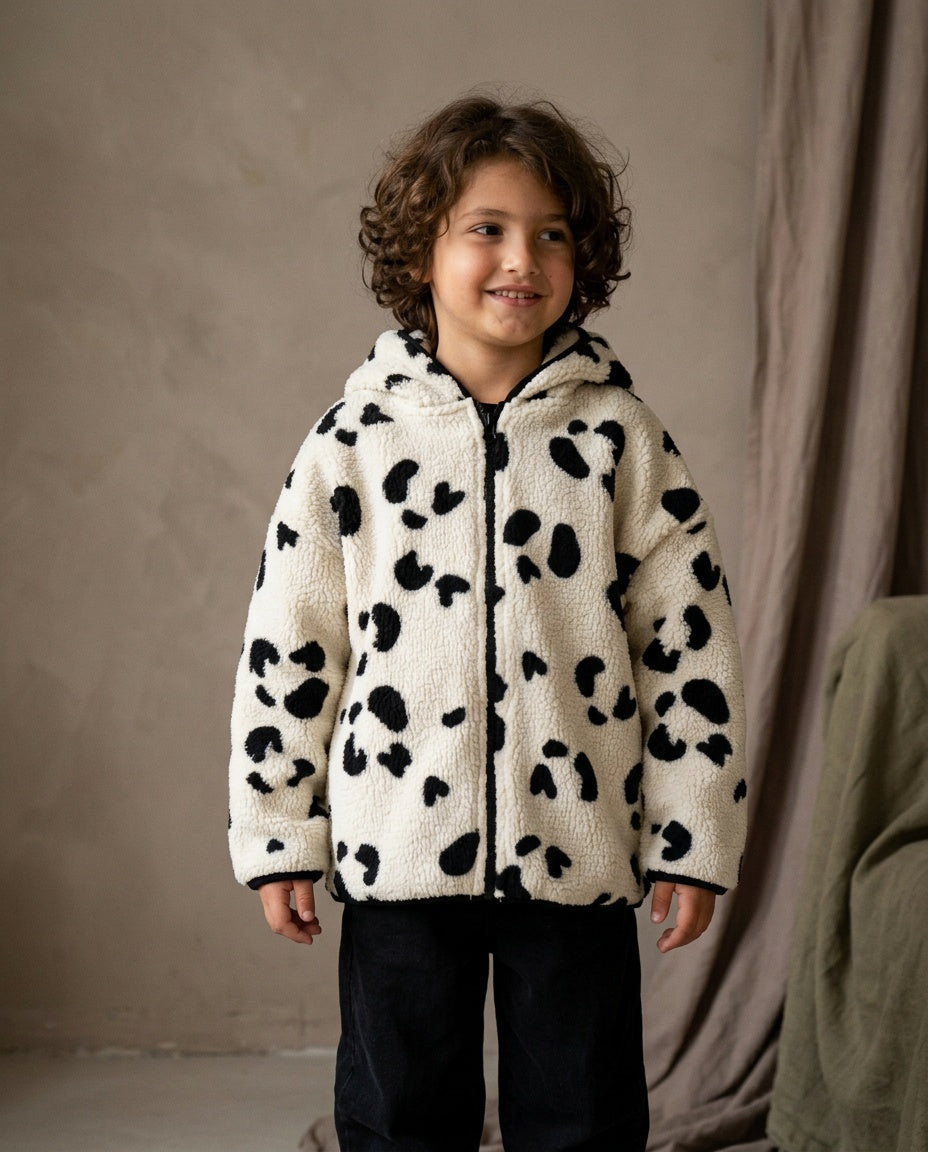 Ivory & Black Spot Sherpa Hooded Jacket