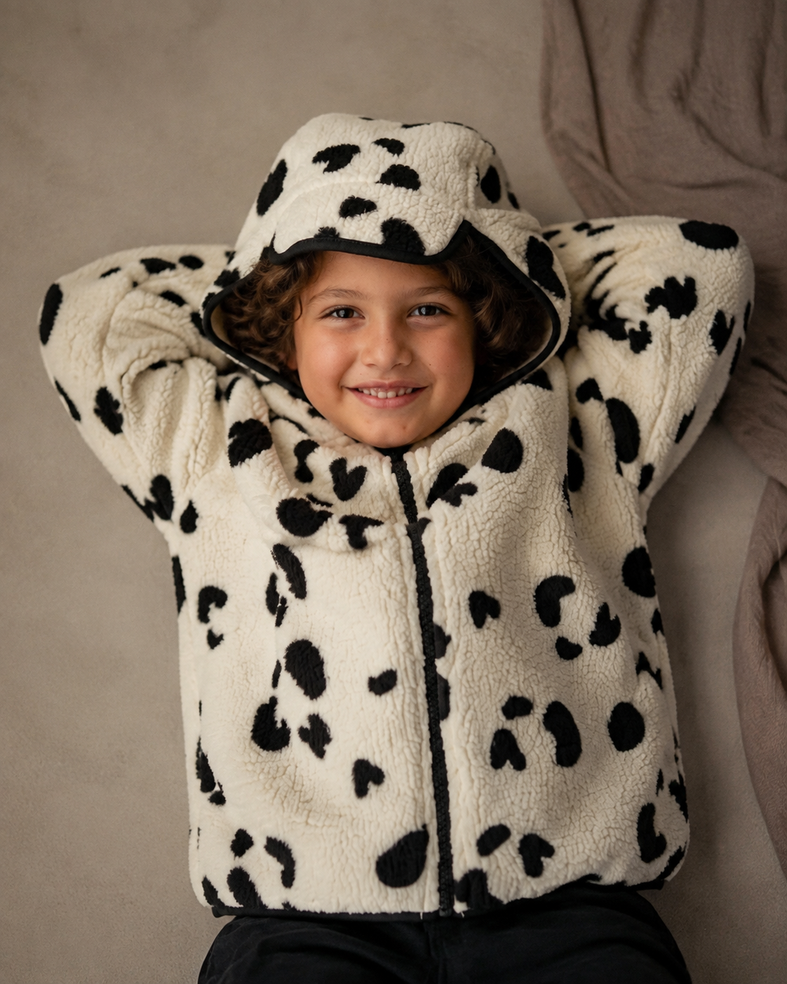 Ivory & Black Spot Sherpa Hooded Jacket
