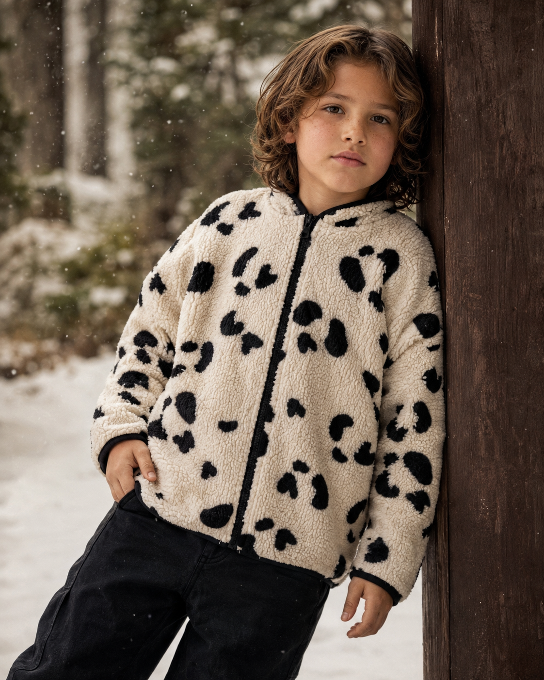 Ivory & Black Spot Sherpa Hooded Jacket