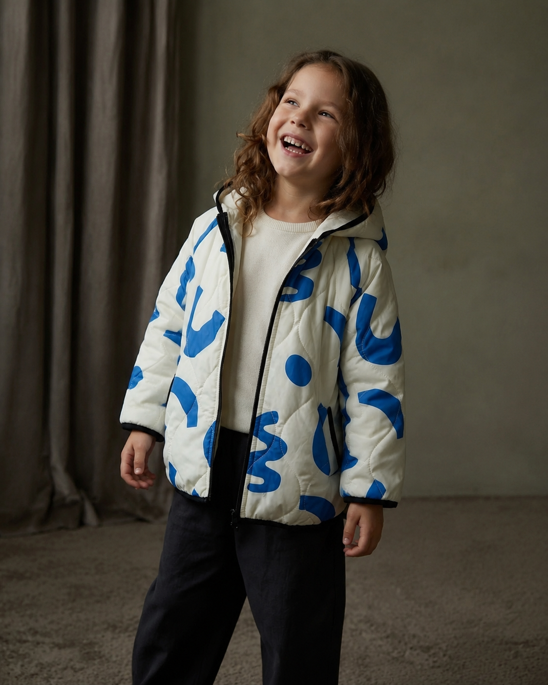Ivory & Blue Quilted Hooded Jacket