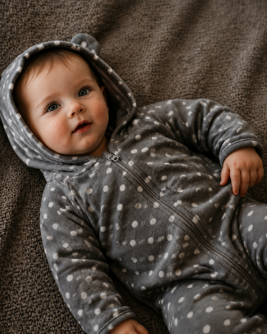 Soft Grey Little Dot Cotton Hooded Romper