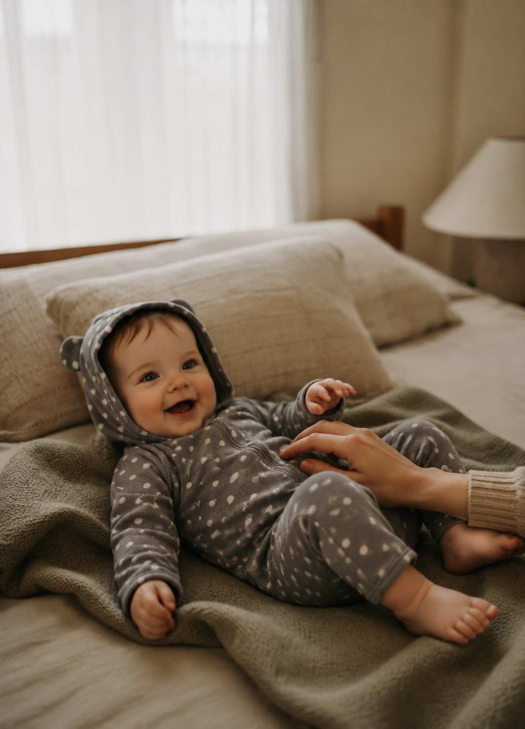 Soft Grey Little Dot Cotton Hooded Romper
