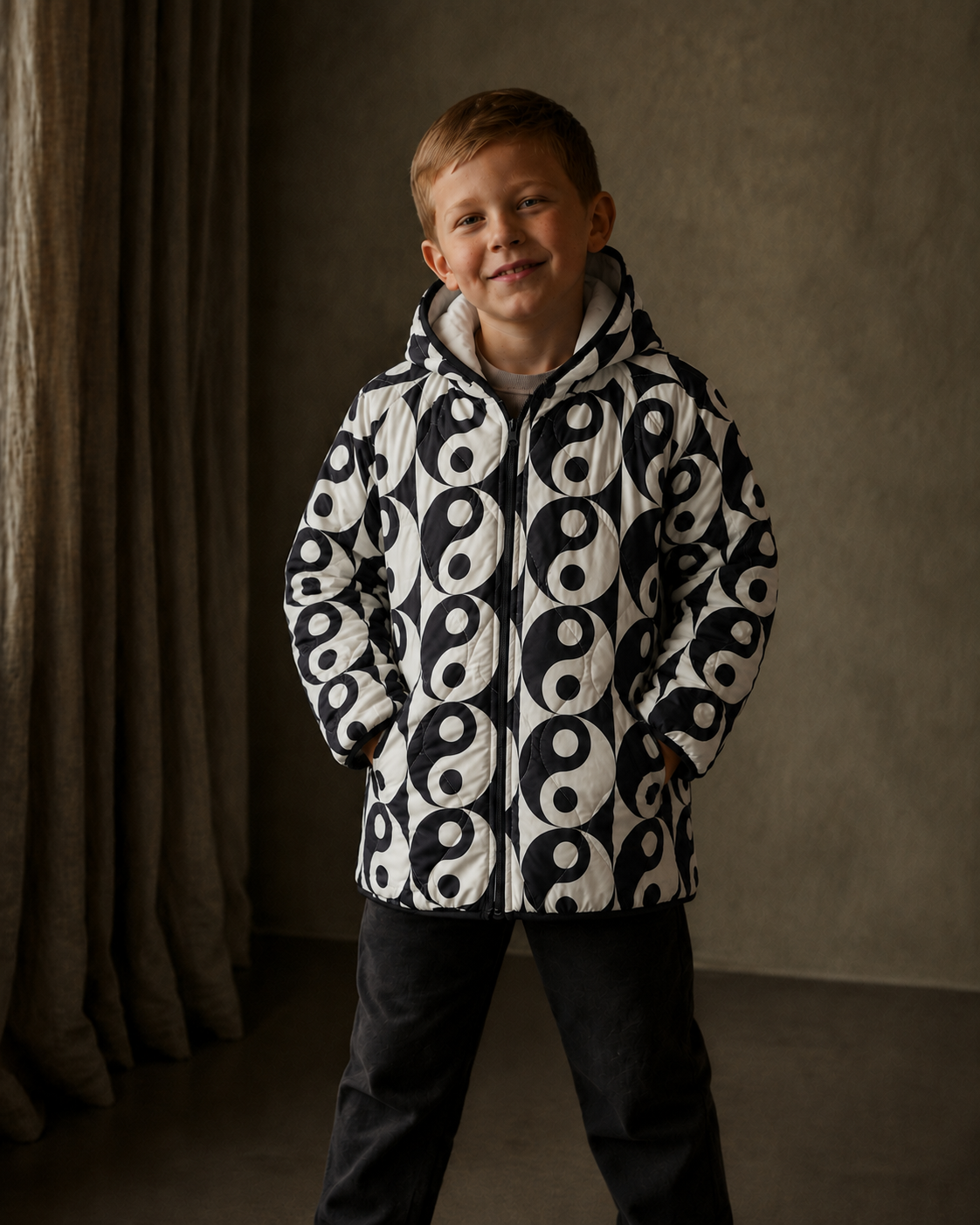 Ivory & Black Circle Print Quilted Hooded Jacket