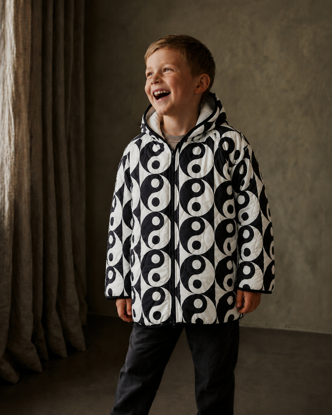 Ivory & Black Circle Print Quilted Hooded Jacket