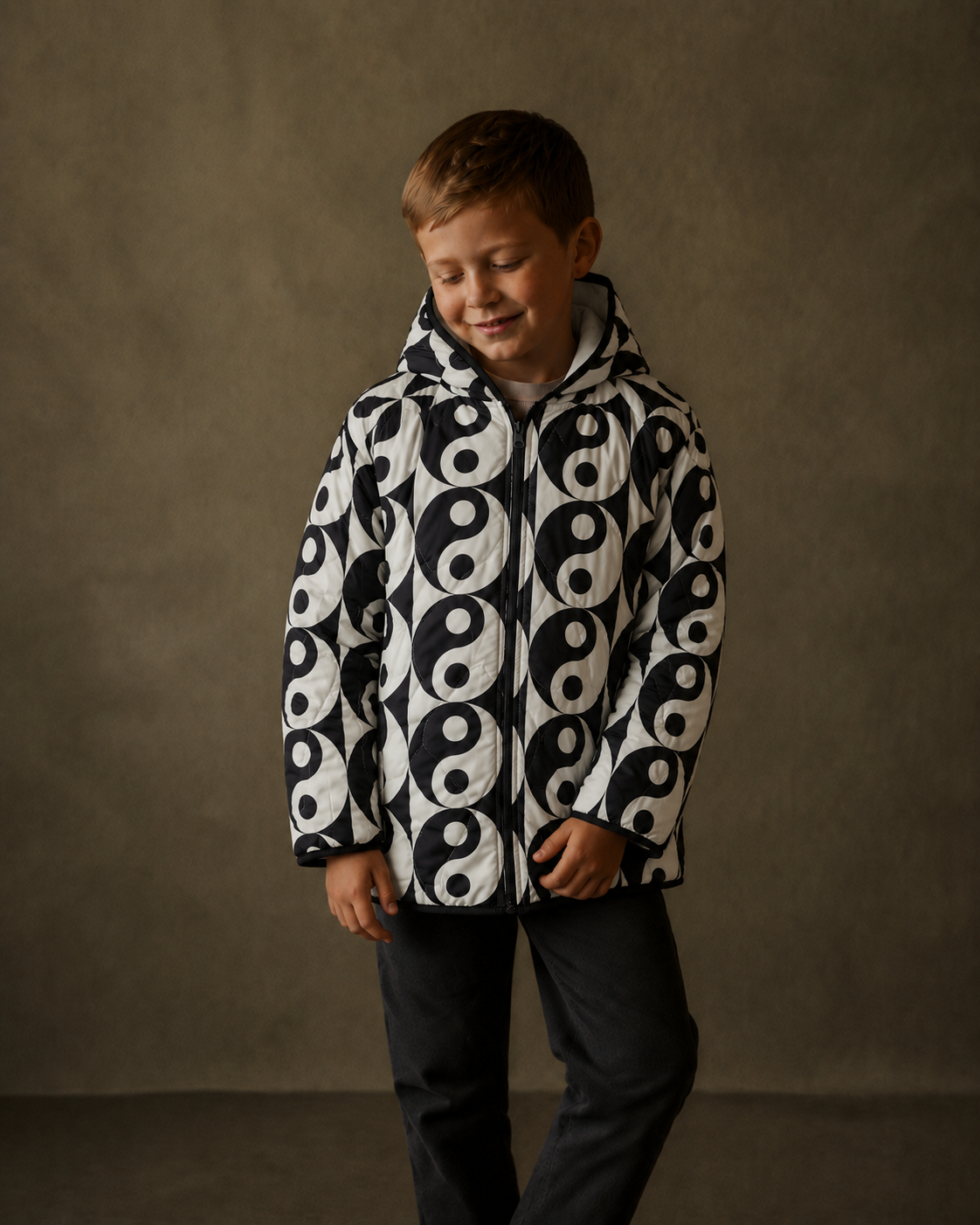 Ivory & Black Circle Print Quilted Hooded Jacket