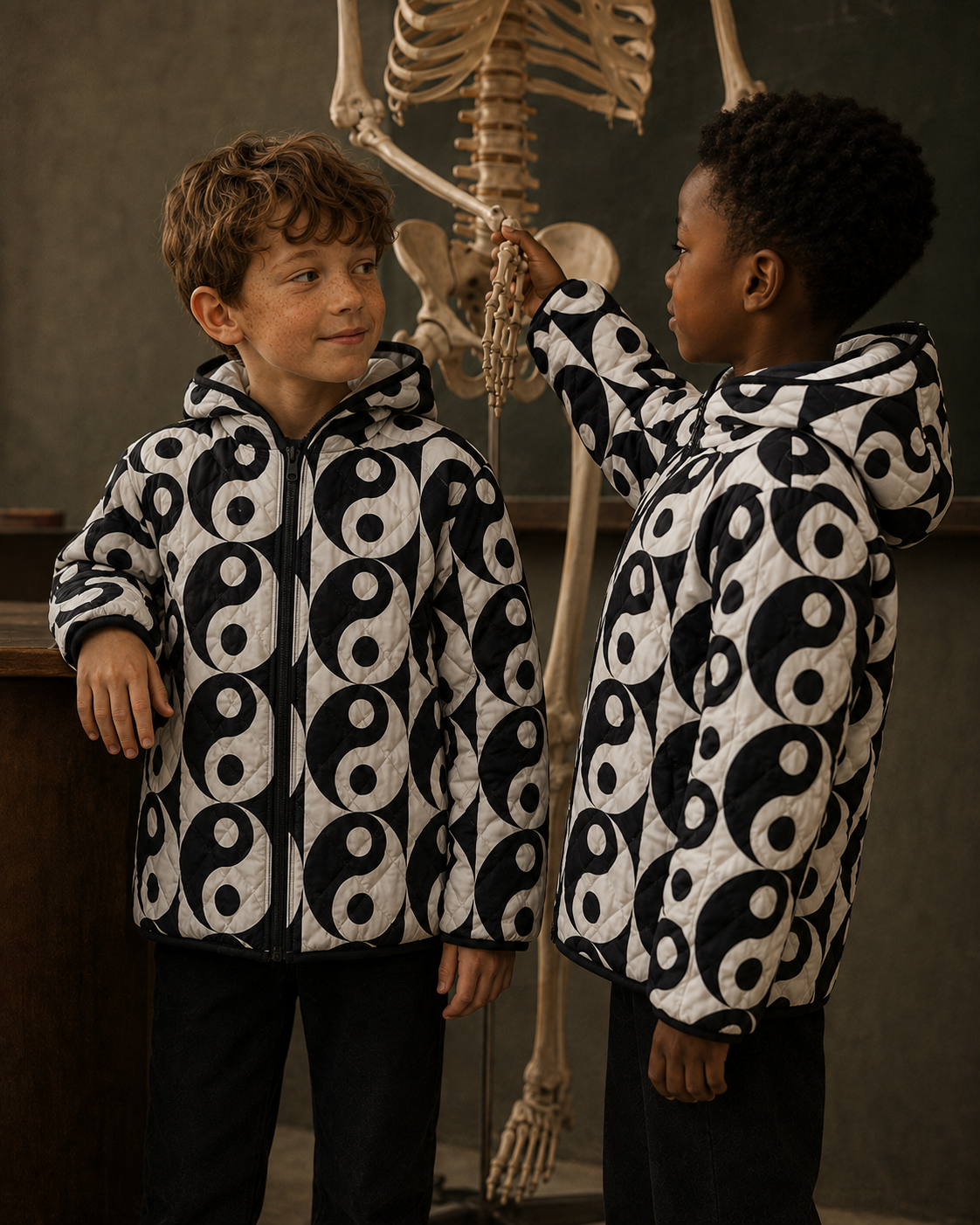 Ivory & Black Circle Print Quilted Hooded Jacket