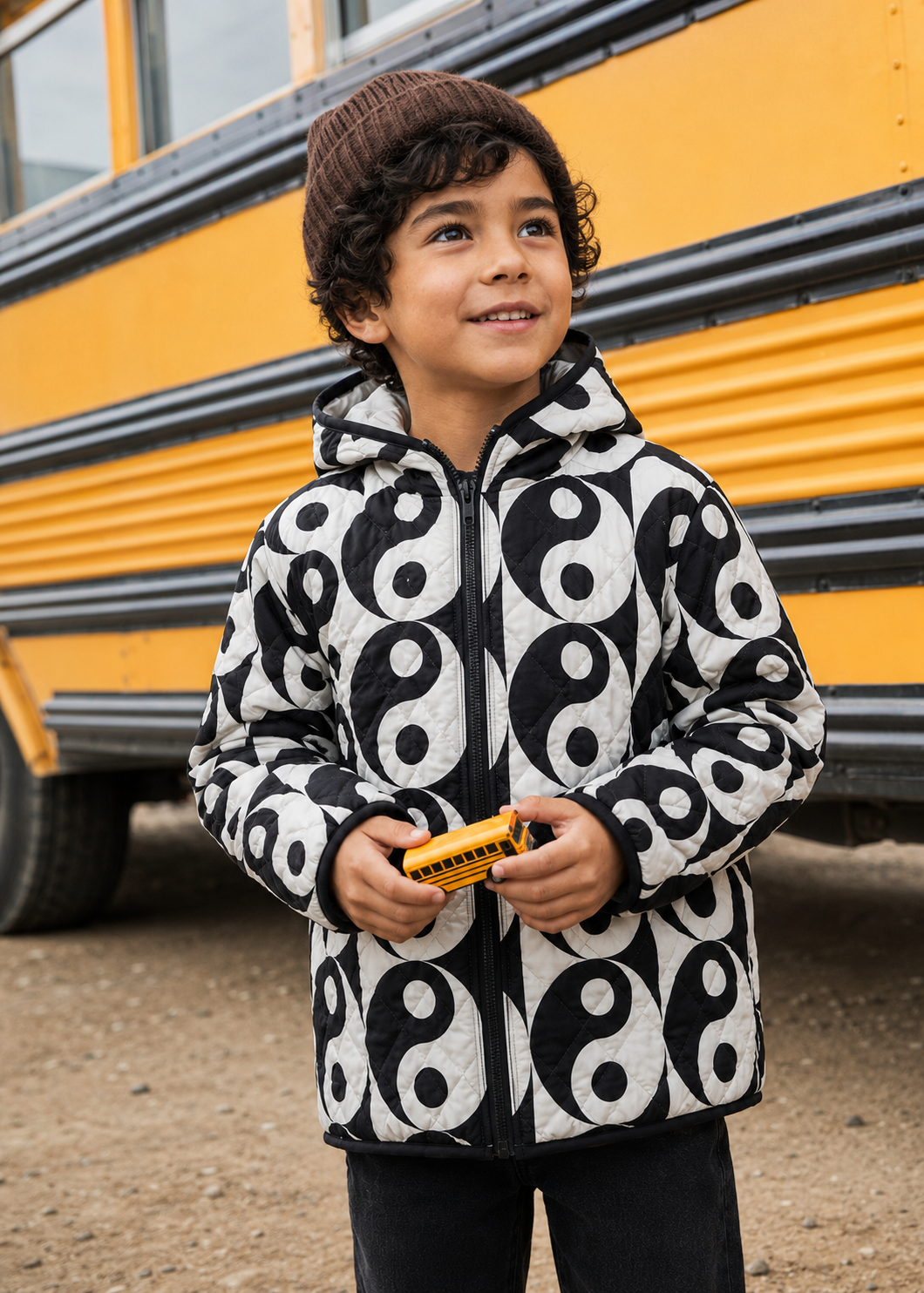 Ivory & Black Circle Print Quilted Hooded Jacket