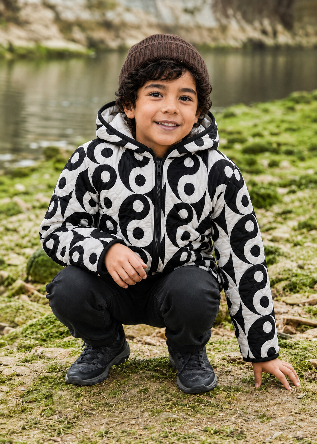 Ivory & Black Circle Print Quilted Hooded Jacket