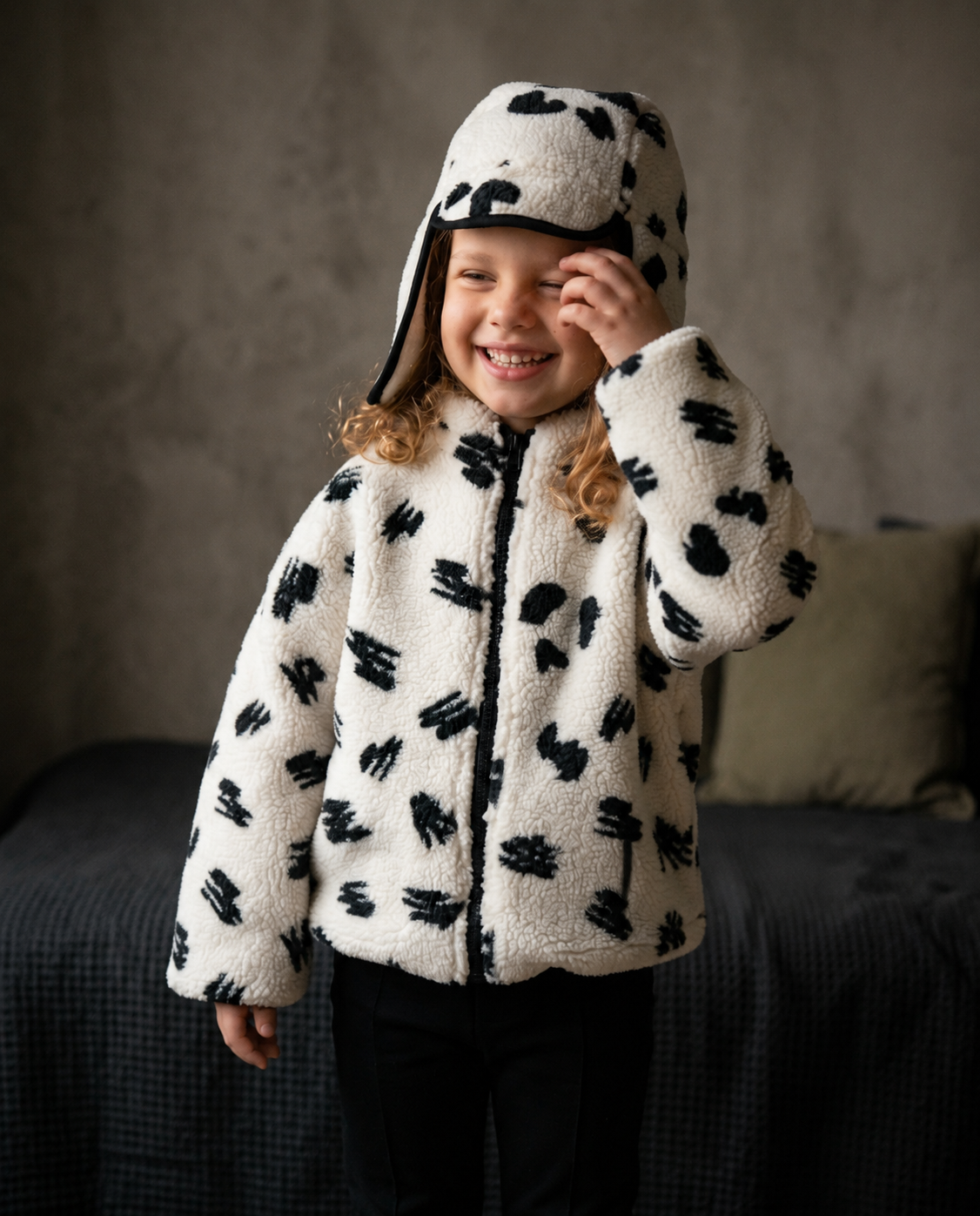 Ivory & Black Spot Sherpa Trapper Hat